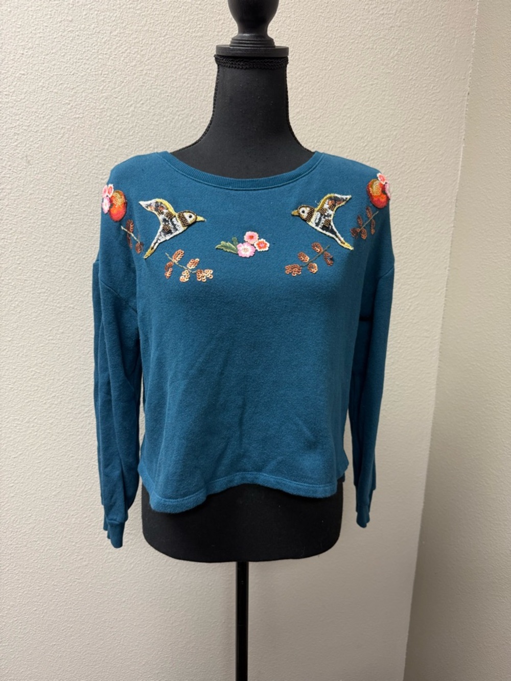 Disney LC Lauren Conrad Bird Embroidered Sweatshirt Teal Medium Cute Cozy - Picture 2 of 10